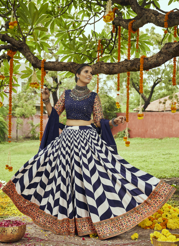 White and Navy Blue Muslin Cotton Chaniya Choli For Navratri